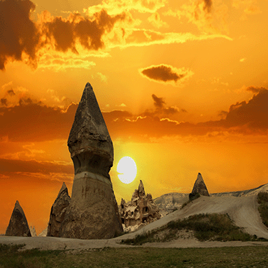 View of Goreme National park's view at sunset in Cappodacia.