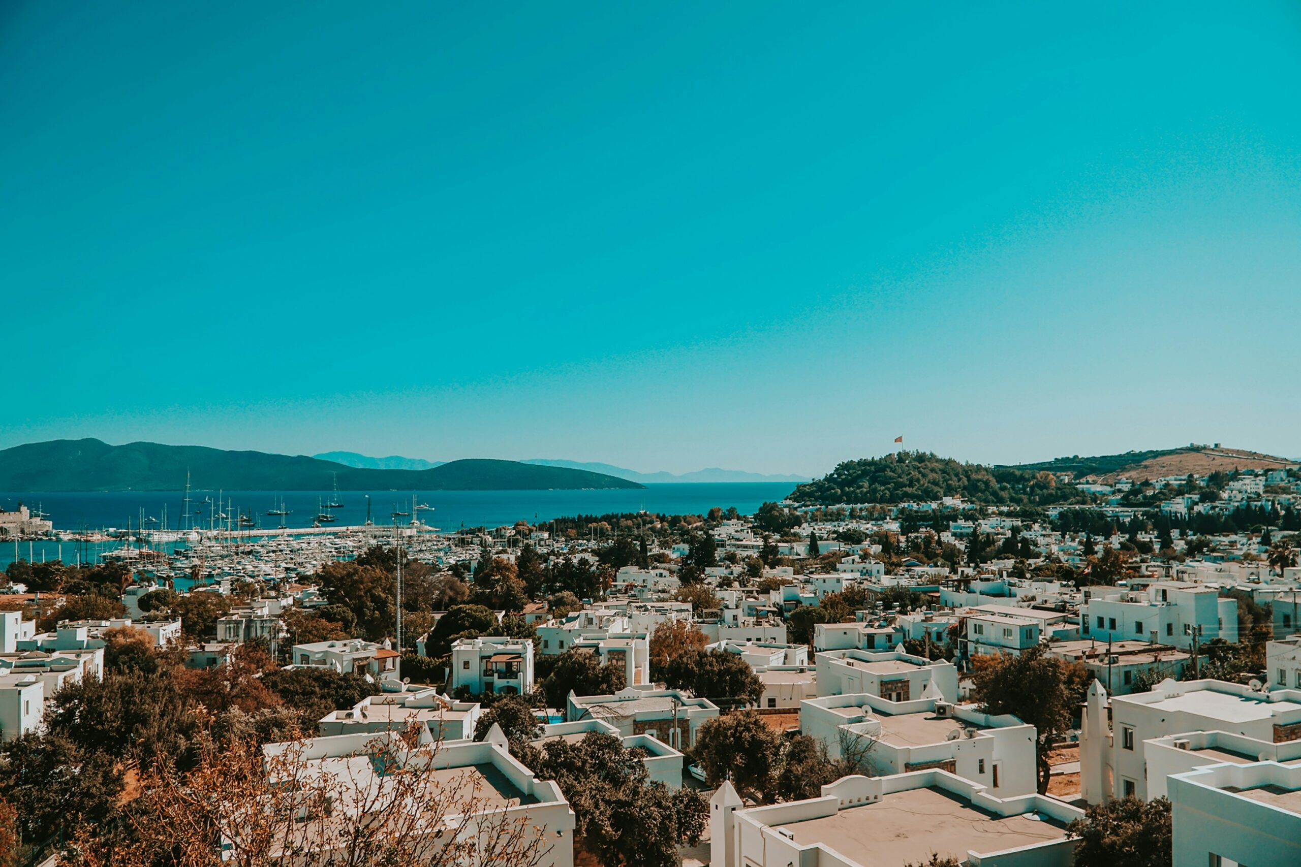 Aerial view of city buildings at daytime in Bodrum in Turkey.