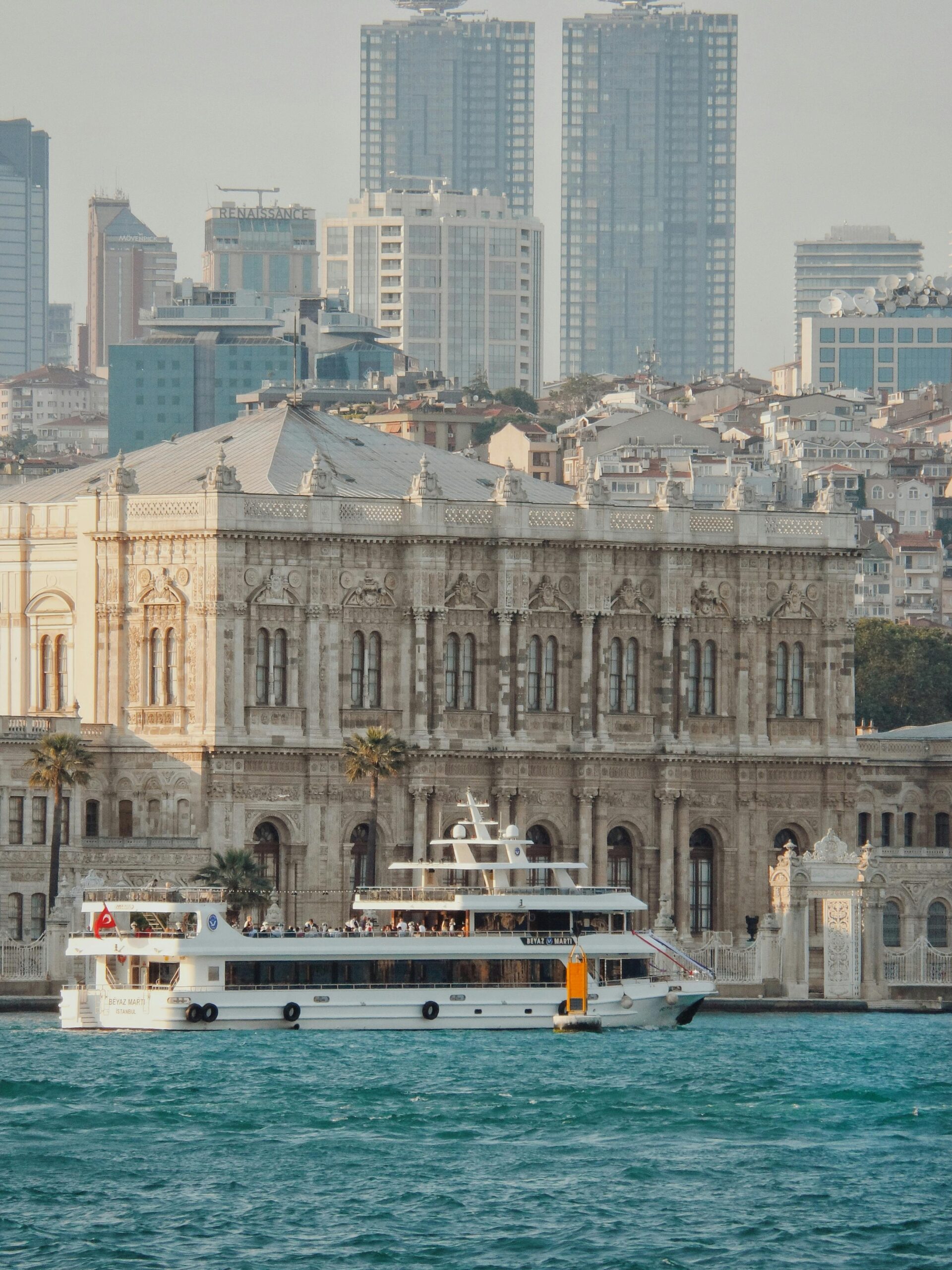 Ferry near Dolma Bache Palace in Istanbul, Turkey.