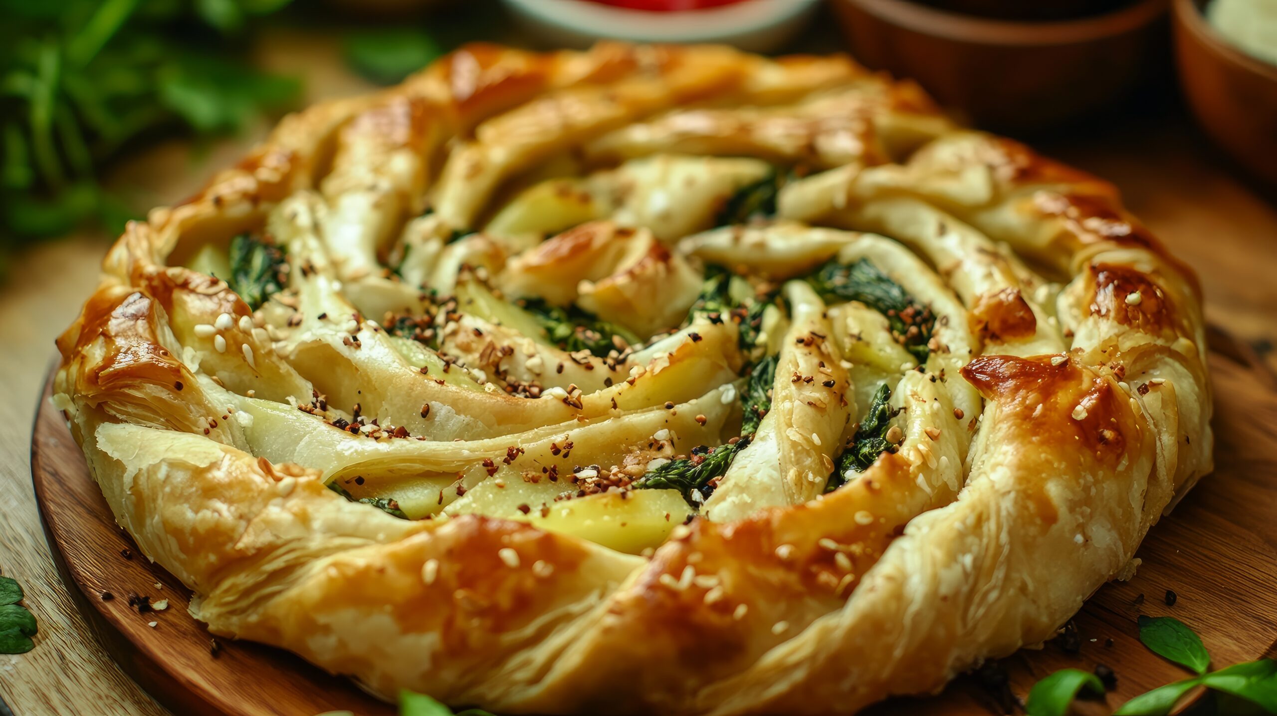 Gul borek, a traditional and delectable Turkish burek with spinach. a glass of tea, some spinach, and a rose-shaped pastry