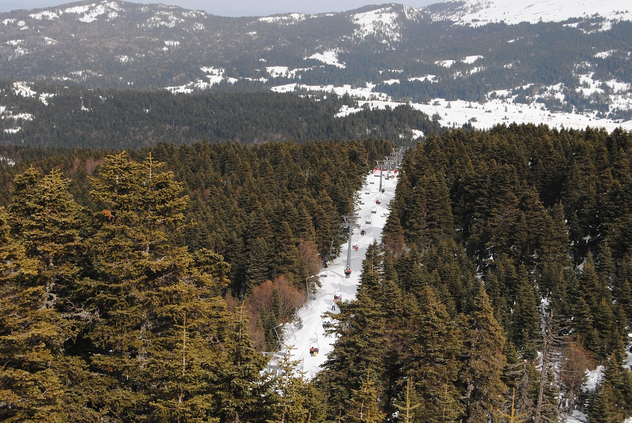 aerial view of uludag mountains and trees covered in snow