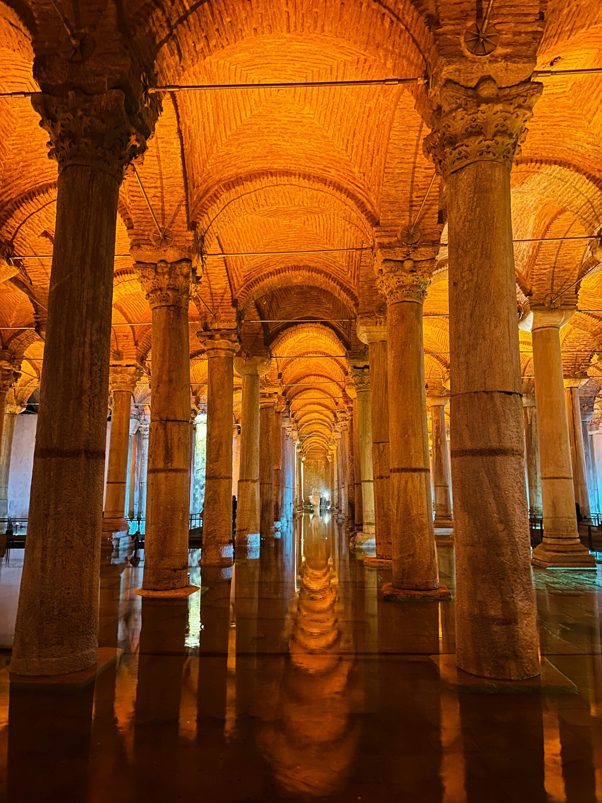 Illuminated interior of Basilica Cistern in Istanbul, Turkey.