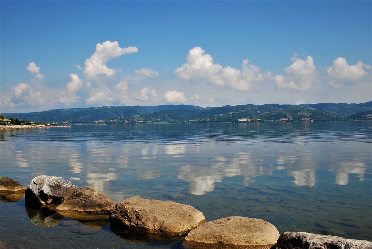 Lake shore with mountains in the background at daytime. Sapanca lake. Istanbul, Turkey